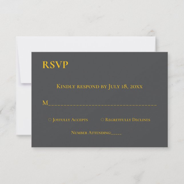Modern Chic Dark Grey Gold Script Classy Wedding RSVP Card (Front)