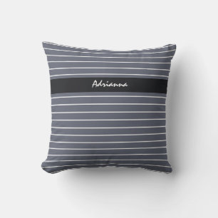 Modern Chic Dark Grey Thin Stripes With Name Cushion