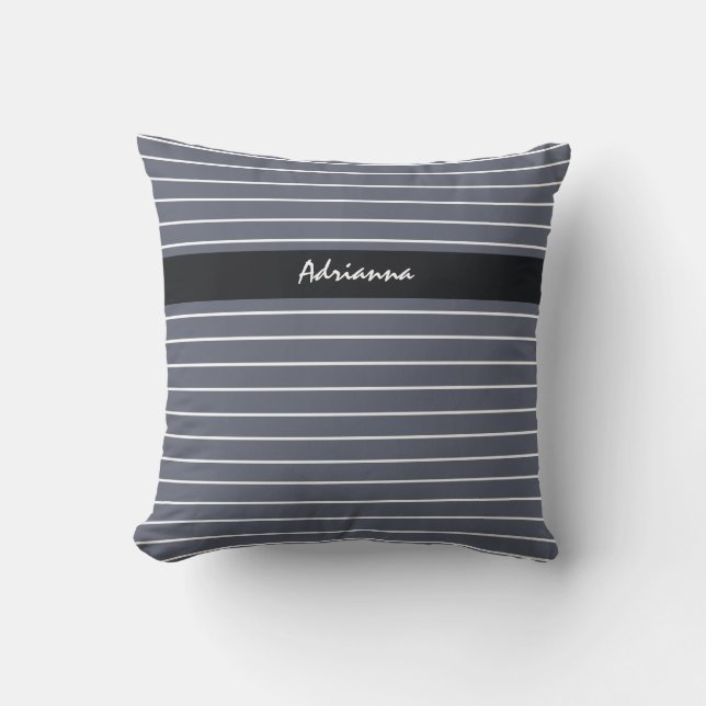 Modern Chic Dark Grey Thin Stripes With Name Cushion (Front)