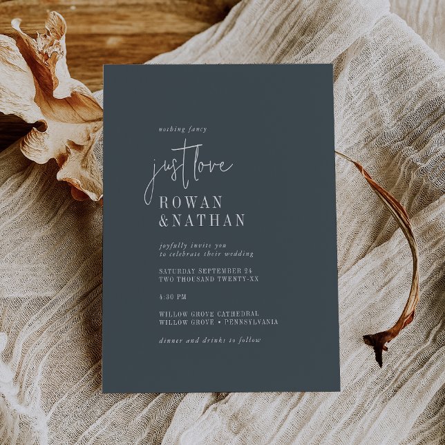 Modern Chic Dark Navy Blue Just Love Wedding Invitation (Creator Uploaded)