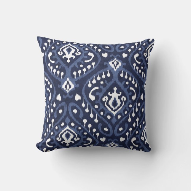 Modern chic decorative blue and white ikat pillow (Front)