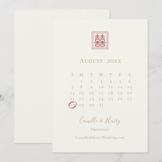 Modern Chic Double Happiness Ivory Gold Wedding   Save The Date (Front/Back)