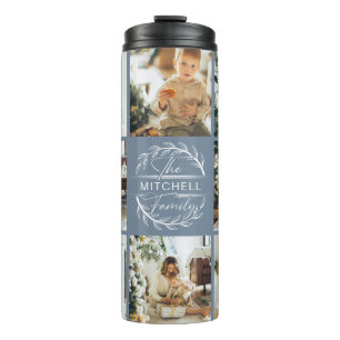 Modern Chic Dusty Blue Monogrammed & Photo Collage Thermal Tumbler