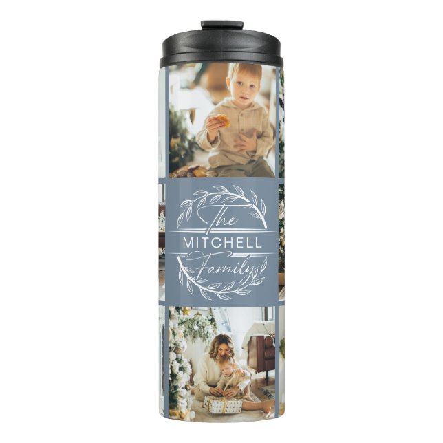 Modern Chic Dusty Blue Monogrammed & Photo Collage Thermal Tumbler (Front)