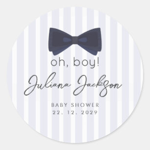 Modern Chic Dusty Blue Oh Boy Bow Baby Shower Classic Round Sticker