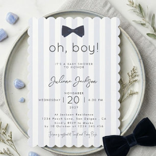 Modern Chic Dusty Blue Oh Boy Bow Baby Shower  Invitation