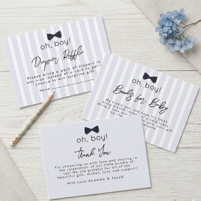 Modern Chic Dusty Blue Oh Boy Bow Thank You Enclosure Card (Creator Uploaded)