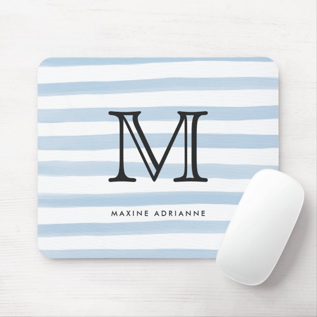 Modern Chic Dusty Blue Watercolor Stripes Monogram Mouse Mat (With Mouse)