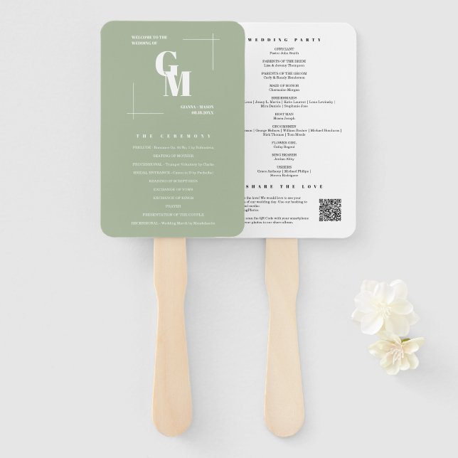 Modern Chic Dusty Green Minimal Wedding Program Hand Fan (Front and Back)