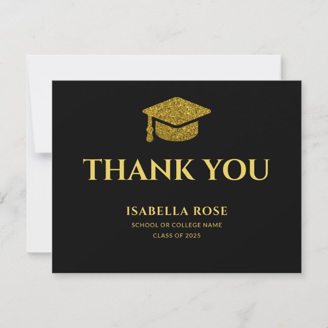 Modern Chic Elegant Black and Gold Graduation  Thank You Card (Front)