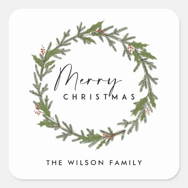 MODERN CHIC ELEGANT HOLLY BERRY WREATH CHRISTMAS SQUARE STICKER (Front)