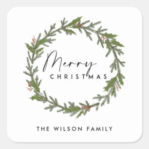 MODERN CHIC ELEGANT HOLLY BERRY WREATH CHRISTMAS SQUARE STICKER