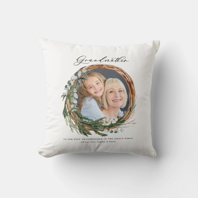 Modern chic elegant leafy wreath photo grandmother cushion (Front)