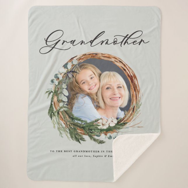 Modern chic elegant leafy wreath photo grandmother sherpa blanket (Front)
