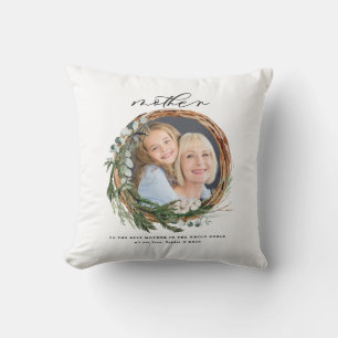 Modern chic elegant leafy wreath photo mother cushion