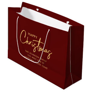 Modern Chic Elegant Maroon Gold Happy Holiday Large Gift Bag