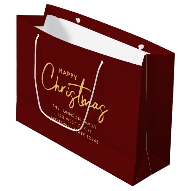 Modern Chic Elegant Maroon Gold Happy Holiday Large Gift Bag (Front Angled)