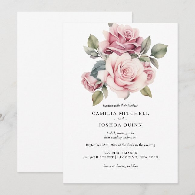 Modern Chic Elegant Romantic Pink Rose Wedding Invitation (Front/Back)