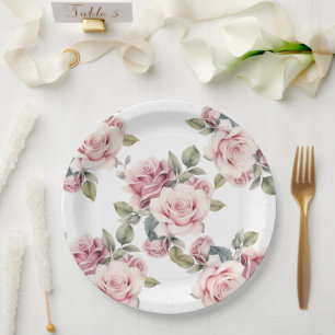 Modern Chic Elegant Romantic Pink Rose Wedding Paper Plate