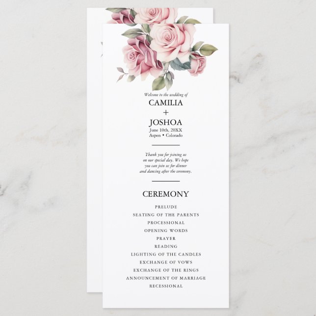 Modern Chic Elegant Romantic Pink Rose Wedding Programme (Front/Back)