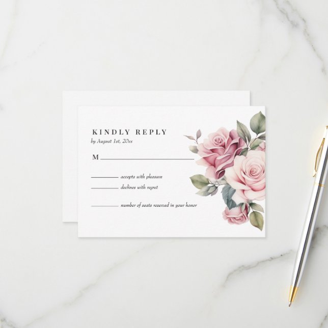 Modern Chic Elegant Romantic Pink Rose Wedding RSVP Card (Front/Back In Situ)
