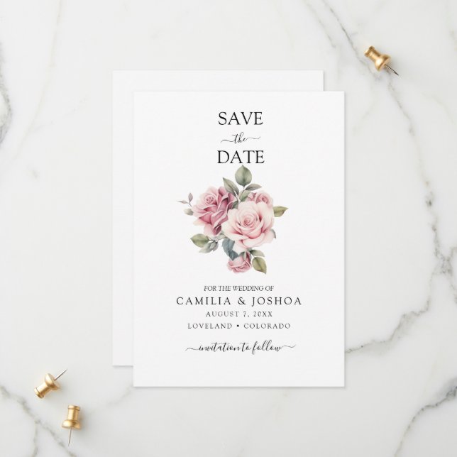 Modern Chic Elegant Romantic Pink Rose Wedding Save The Date (Front/Back In Situ)