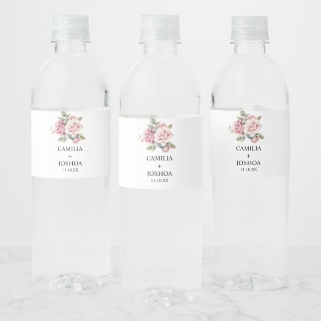 Modern Chic Elegant Romantic Pink Rose Wedding Water Bottle Label (Bottles)