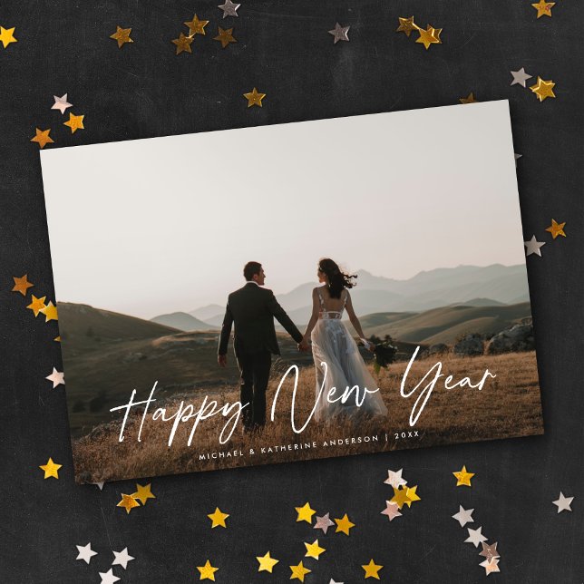 Modern Chic Elegant Script Happy New Year Photo Holiday Card (Creator Uploaded)
