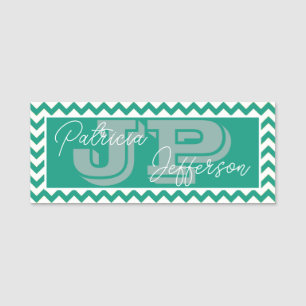Modern Chic Emerald Green Chevron: Unique Monogram Name Tag