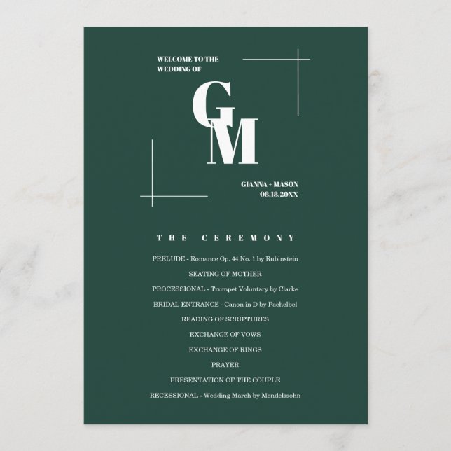 Modern Chic Emerald Green Monogram QR Code Wedding Programme (Front)