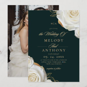 Modern Chic Emerald Green White Rose Wedding Invitation