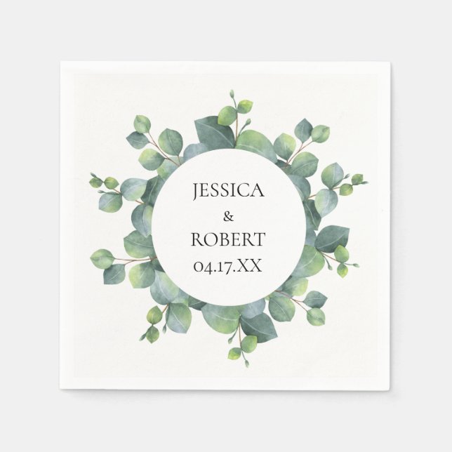 Modern Chic Eucalyptus Round Frame Personalised Napkin (Front)