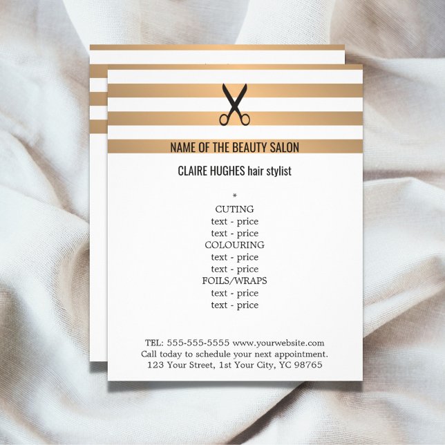 Modern Chic Faux Gold Stripes Hairstylist Menu (Creator Uploaded)