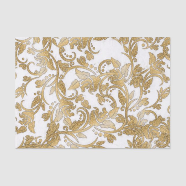 Modern chic faux gold white glitter flowers tissue paper (Front)
