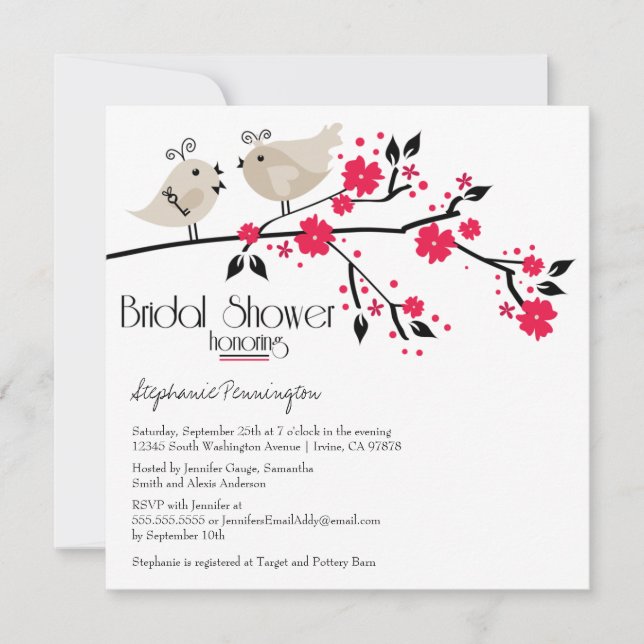 Modern chic floral birds bridal shower invitation (Front)