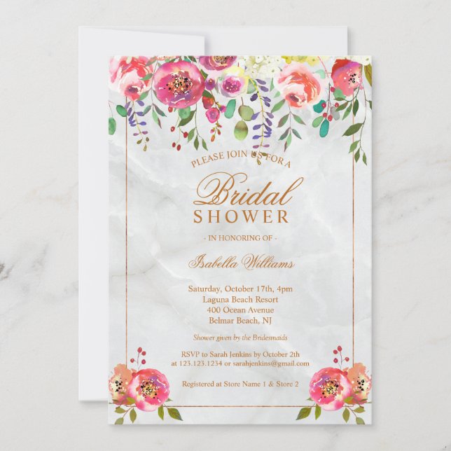 Modern Chic Floral Copper Marble Bridal Shower Invitation (Front)