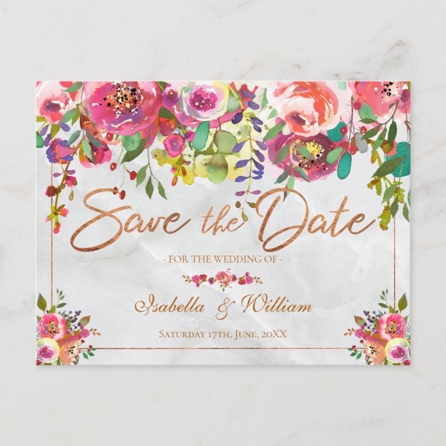 Modern Chic Floral Copper Marble Save the Date Announcement Postcard (Front)