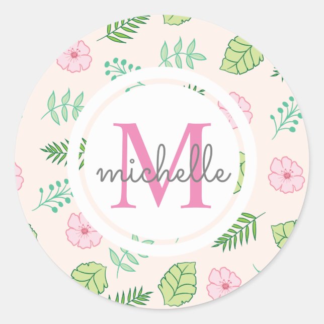 Modern Chic Floral Monogram Classic Round Sticker (Front)