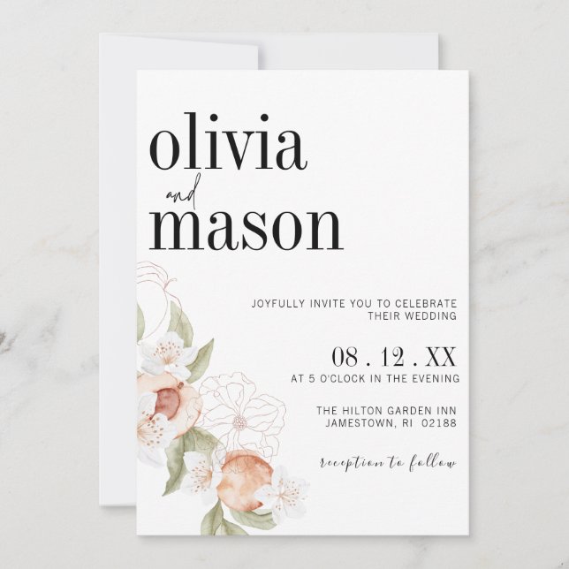 Modern Chic Floral Peaches and Cream Wedding  Invitation (Front)