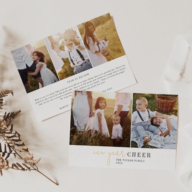 Modern Chic Foil Photo Collage New Year Newsletter Foil Holiday Card (Creator Uploaded)