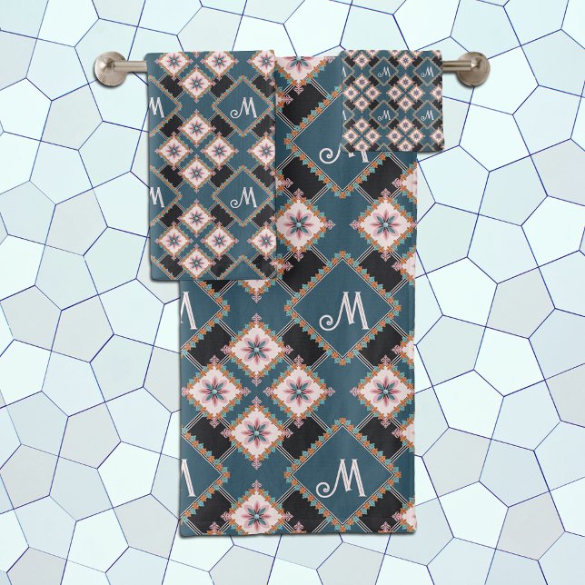 Modern Chic Geometric Floral Monogram Pattern Bath Towel Set (Creator Uploaded)