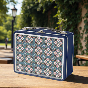Modern Chic Geometric Floral Monogram Pattern Metal Lunch Box