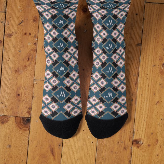 Modern Chic Geometric Floral Monogram Pattern Socks (Creator Uploaded)