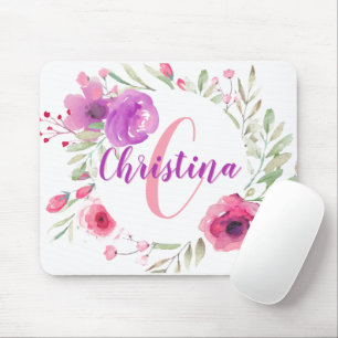 Modern Chic Girly Floral Pink Watercolor Monogram Mouse Mat