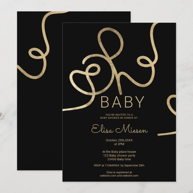 Modern chic gold black calligraphy Oh baby shower Invitation (Front/Back)