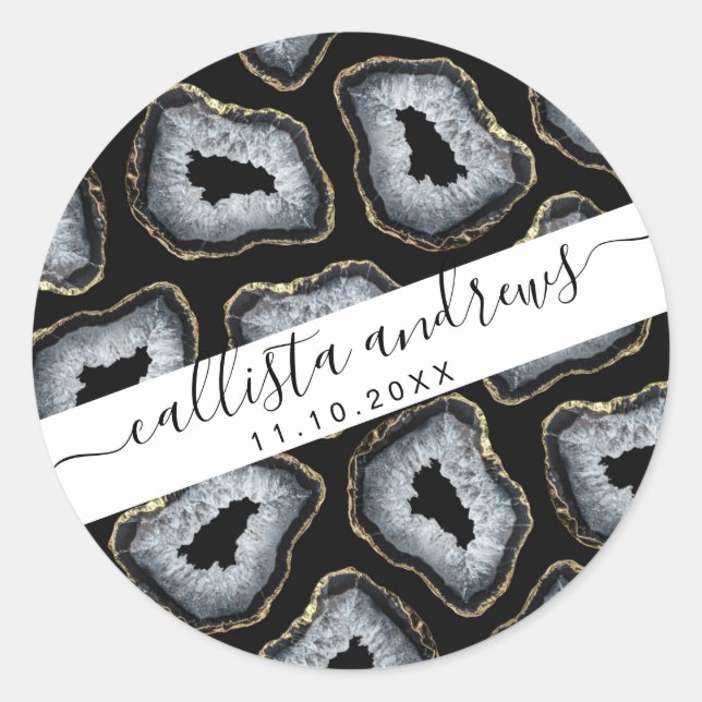 Modern Chic Gold Black White Agate Geode Stones Classic Round Sticker (Front)