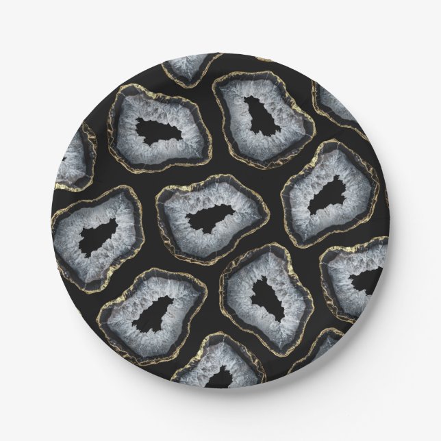 Modern Chic Gold Black White Agate Geode Stones Paper Plate (Front)