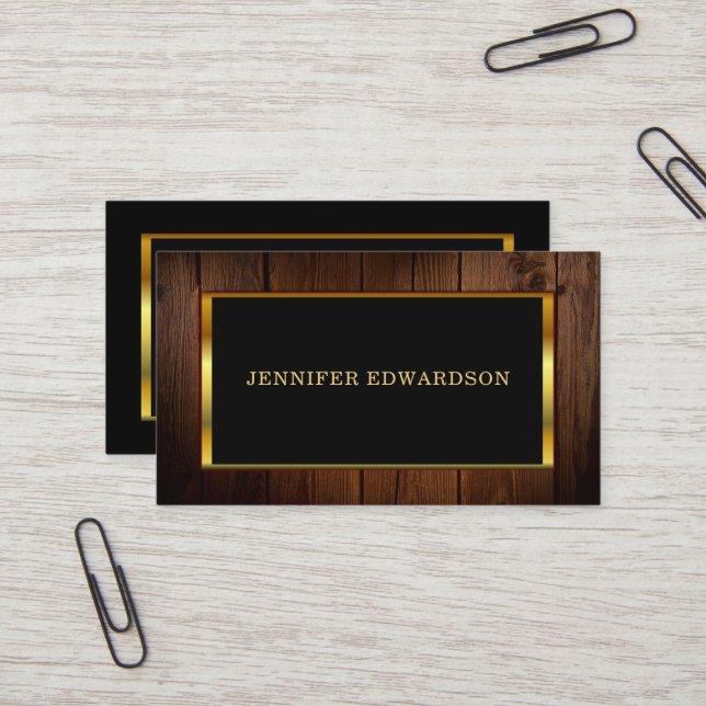 Modern chic gold black wood pattern professional business card (Front/Back In Situ)