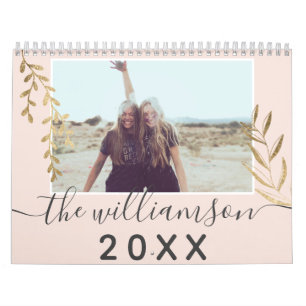 Modern chic gold branch blush pink 13 photo grid calendar