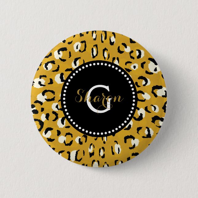Modern chic gold cheetah print pattern monogram 6 cm round badge (Front)